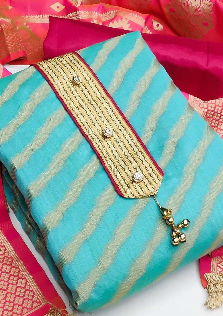 Blue Striped Blended Punjabi Suit - Indya