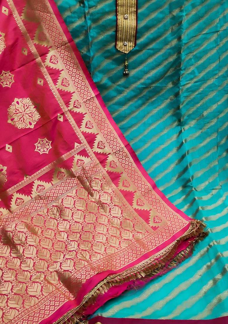Blue Striped Blended Punjabi Suit - Indya