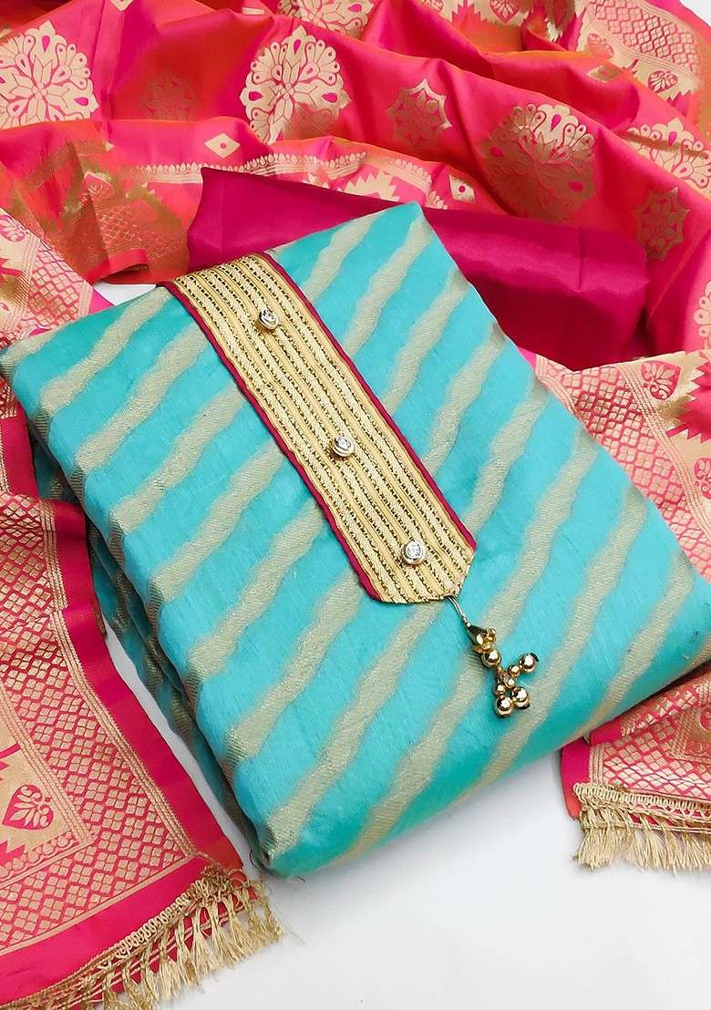 Blue Striped Blended Punjabi Suit - Indya