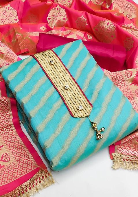 Blue Woven Poly Blend Kurta Set