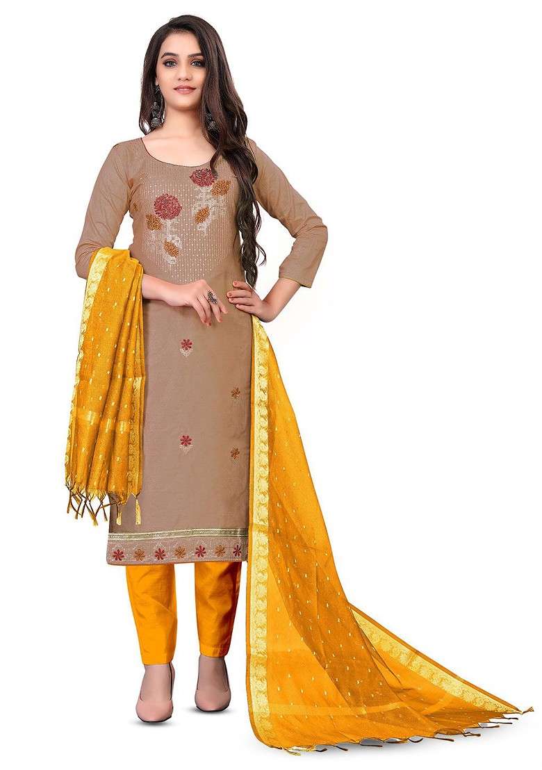Brown Embroidered Blended Straight Kurta Set - Indya