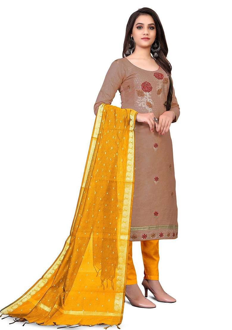 Brown Embroidered Blended Straight Kurta Set - Indya