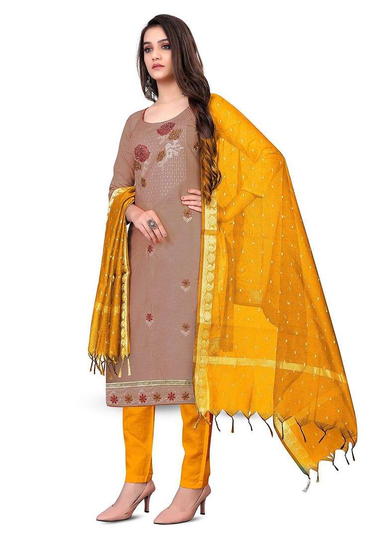 Brown Embroidered Blended Straight Kurta Set - Indya