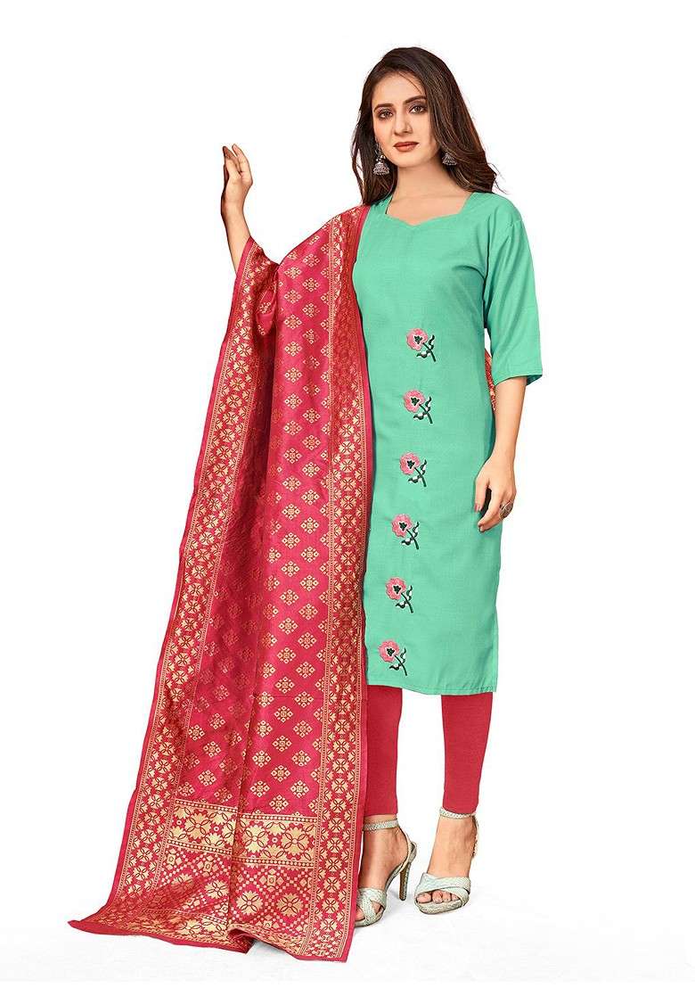 Sea Green Embroidered Poly Blend Kurta Set - Indya