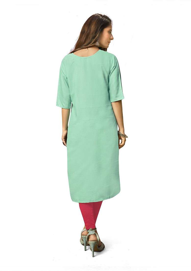 Sea Green Embroidered Poly Blend Kurta Set - Indya