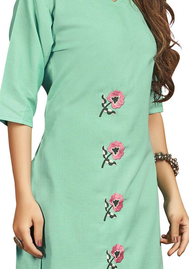 Sea Green Embroidered Poly Blend Kurta Set - Indya