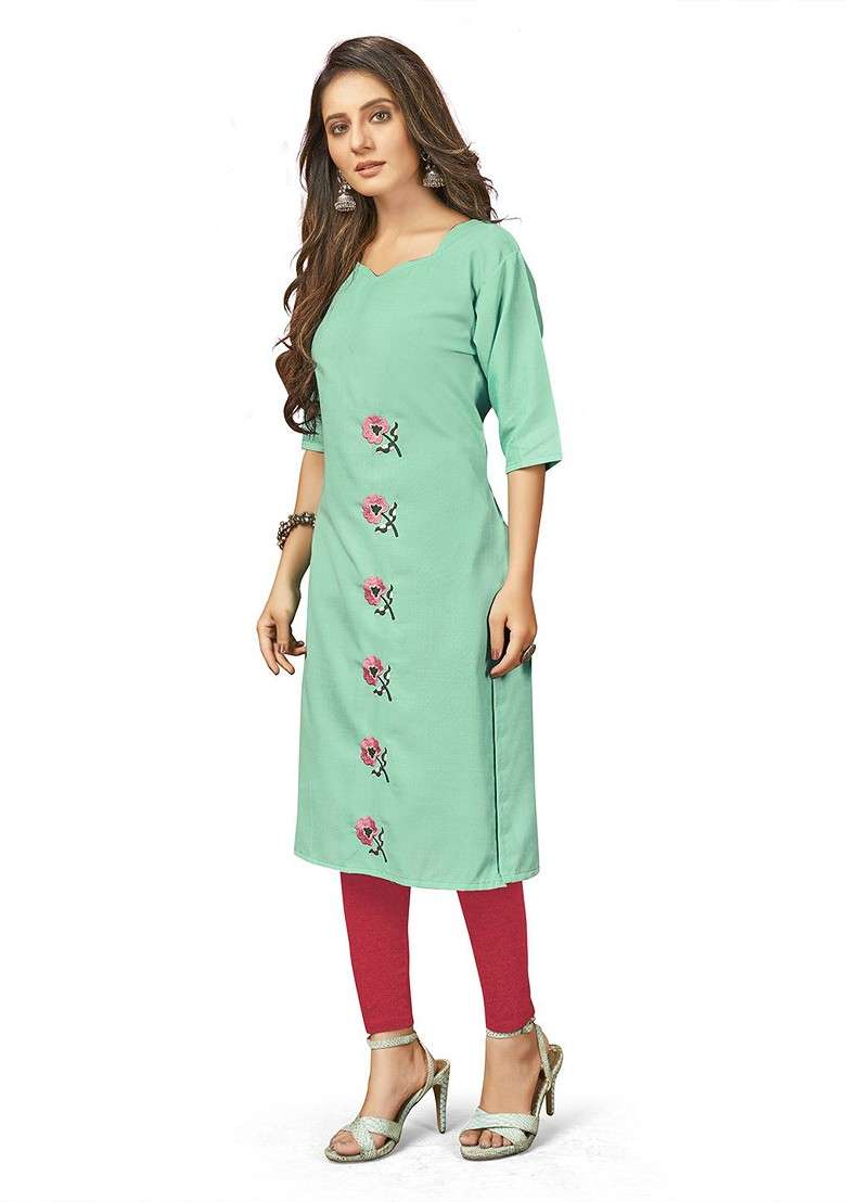 Sea Green Embroidered Poly Blend Kurta Set - Indya