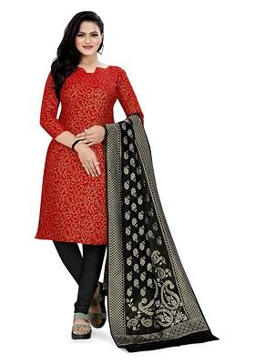 Red Floral Print Poly Blend Kurta Set