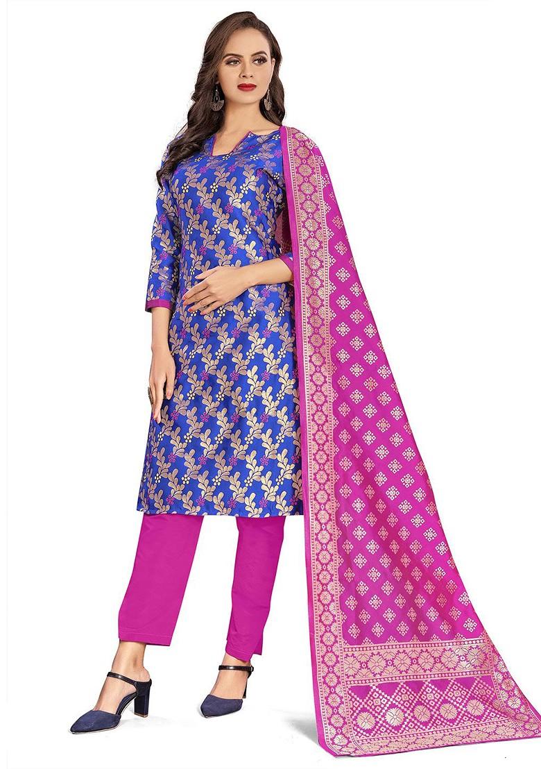 Blue Woven Poly Blend Kurta Set - Indya