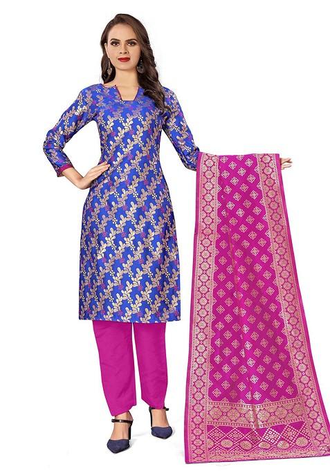 Blue Woven Poly Blend Kurta Set