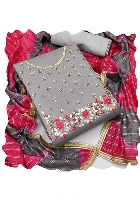 Grey Embellished Poly Blend Kurta Set