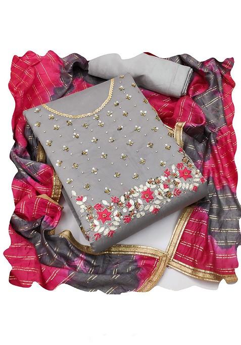 Grey Embroidered Blended Straight Kurta Set