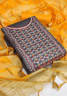 Grey Embroidered Poly Blend Kurta Set