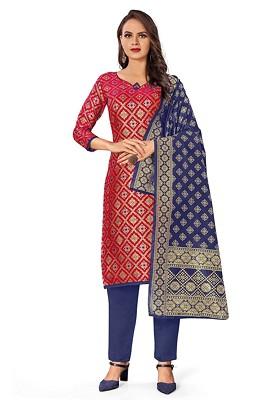 Red Woven Poly Blend Kurta Set