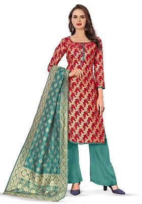 Red Woven Poly Blend Kurta Set