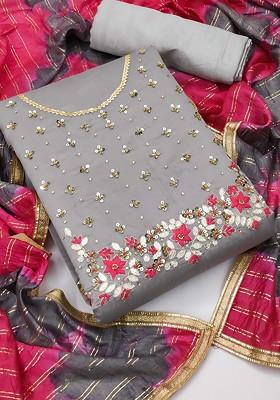 Grey Embellished Poly Blend Kurta Set