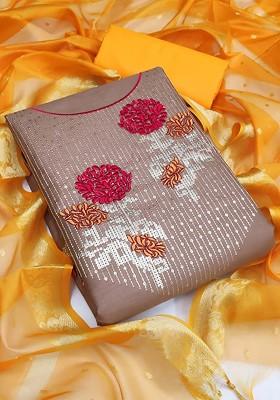 Brown Embroidered Poly Blend Kurta Set