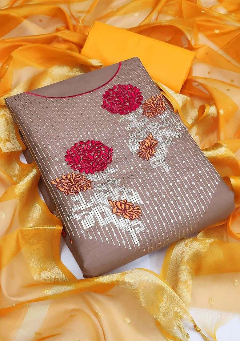 Brown Embroidered Blended Straight Kurta Set - Indya