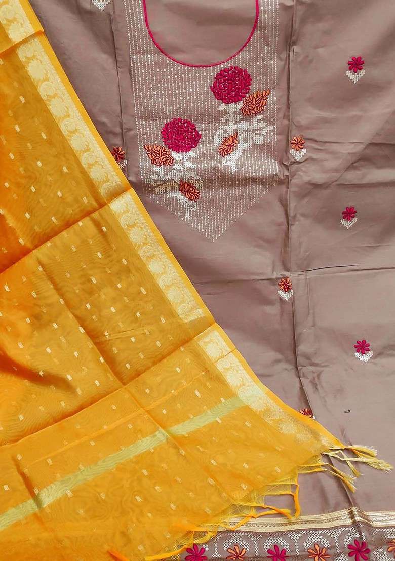 Brown Embroidered Blended Straight Kurta Set - Indya