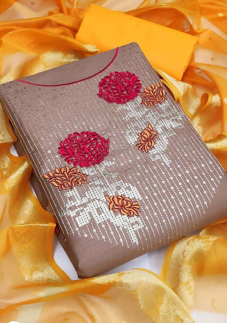 Brown Embroidered Blended Straight Kurta Set - Indya