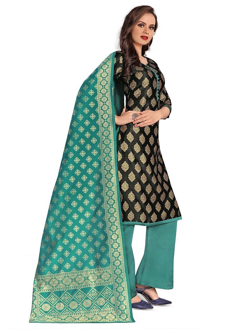 Black Woven Poly Blend Kurta Set - Indya