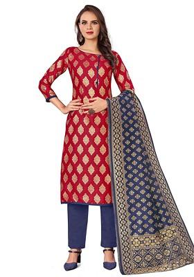 Red Woven Poly Blend Kurta Set