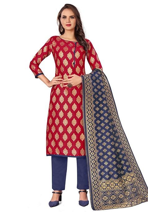 Red Woven Poly Blend Kurta Set