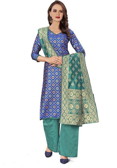 Blue Printed Poly Blend Kurta Set