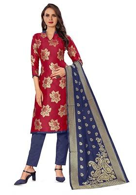 Red Woven Poly Blend Kurta Set