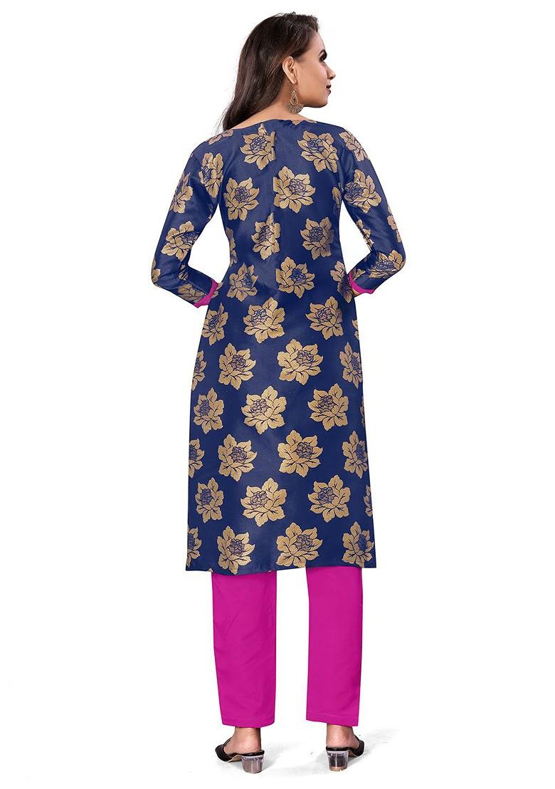 Blue Woven Poly Blend Kurta Set - Indya