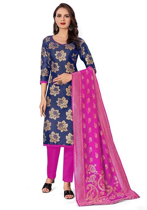 Blue Woven Poly Blend Kurta Set