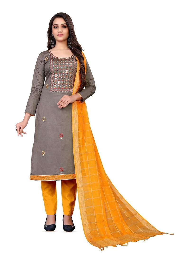 Grey Embroidered Blended Punjabi Suit - Indya