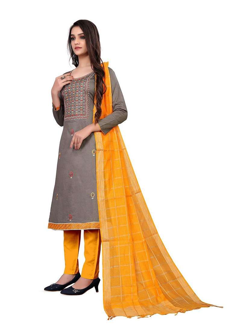 Grey Embroidered Blended Punjabi Suit - Indya
