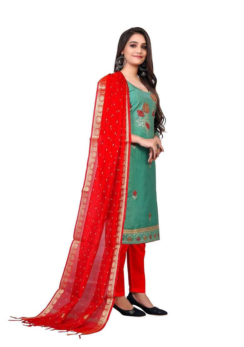 Olive Embroidered Blended Pakistani Suit Set - Indya