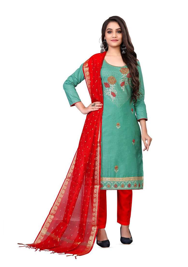 Olive Embroidered Blended Pakistani Suit Set - Indya