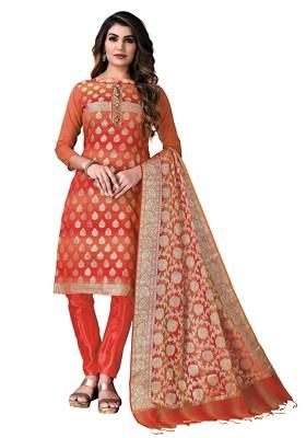 Red Woven Poly Blend Kurta Set