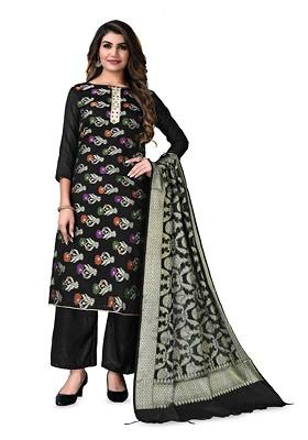 Black Woven Poly Blend Kurta Set