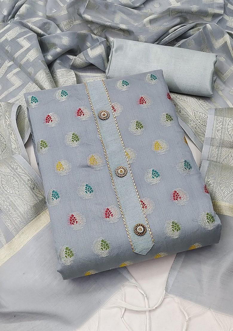 Grey Woven Banarasi Jacquard Kurta Set - Indya