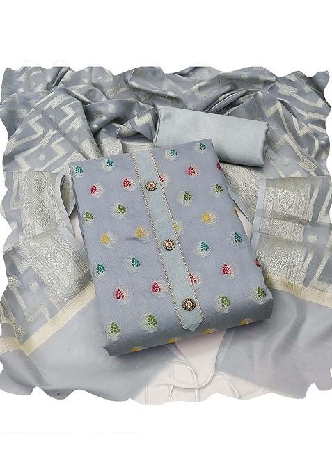 Grey Woven Banarasi Jacquard Kurta Set