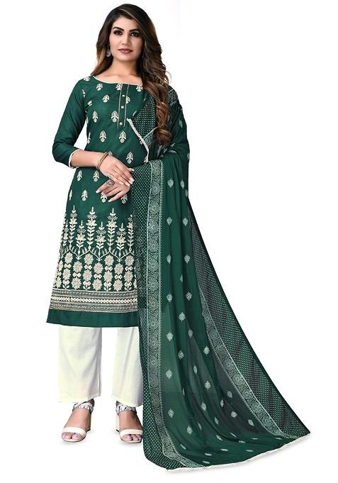 Green Embroidered Poly Blend Kurta Set