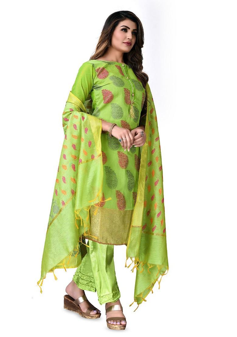Green Woven Banarasi Jacquard Kurta Set