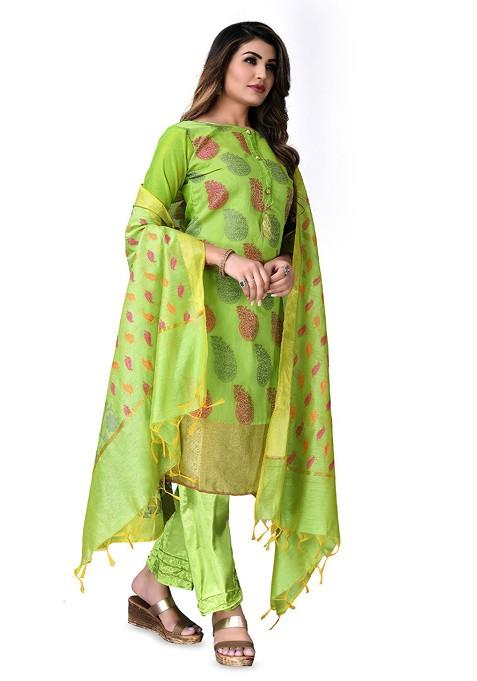 Green Woven Banarasi Jacquard Kurta Set