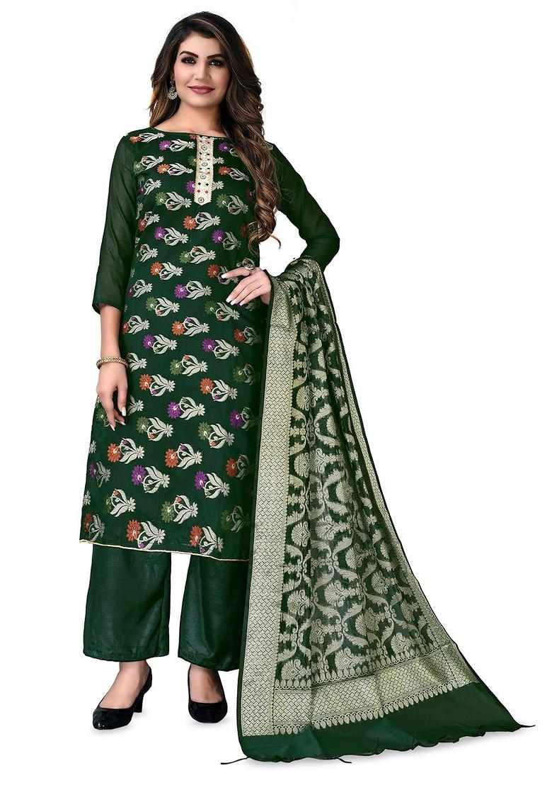 Green Woven Banarasi Jacquard Kurta Set