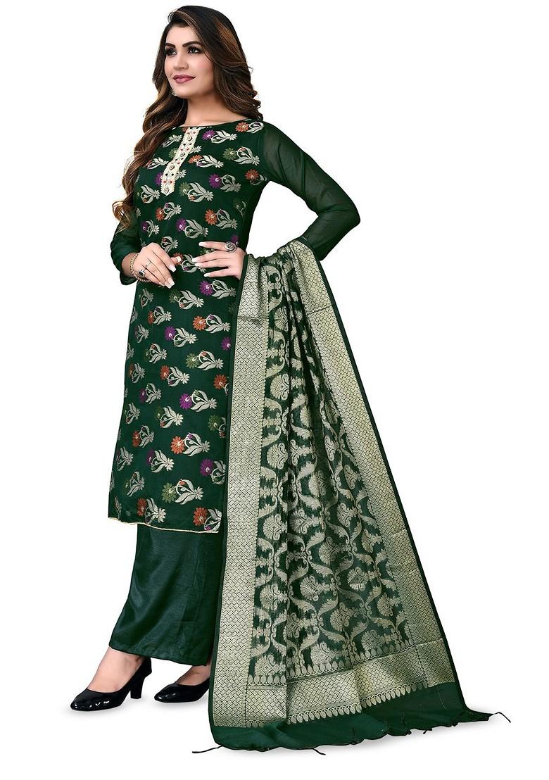 Green Woven Banarasi Jacquard Kurta Set
