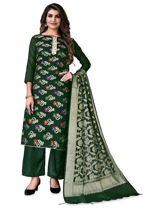 Green Woven Banarasi Jacquard Kurta Set