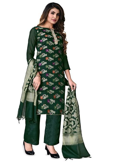 Green Woven Banarasi Jacquard Kurta Set