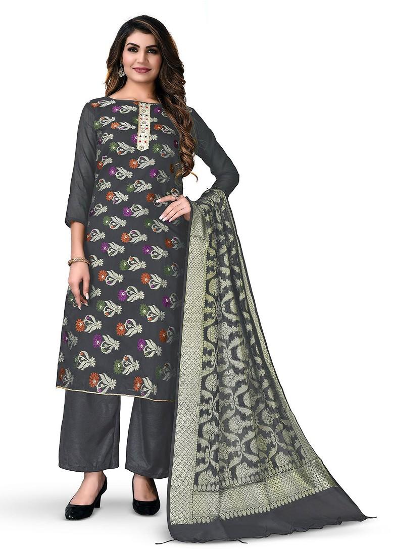 Grey Woven Poly Blend Kurta Set - Indya