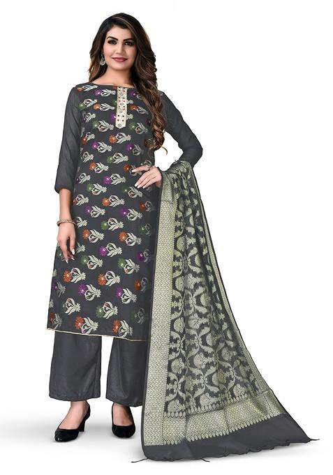 Grey Woven Poly Blend Kurta Set