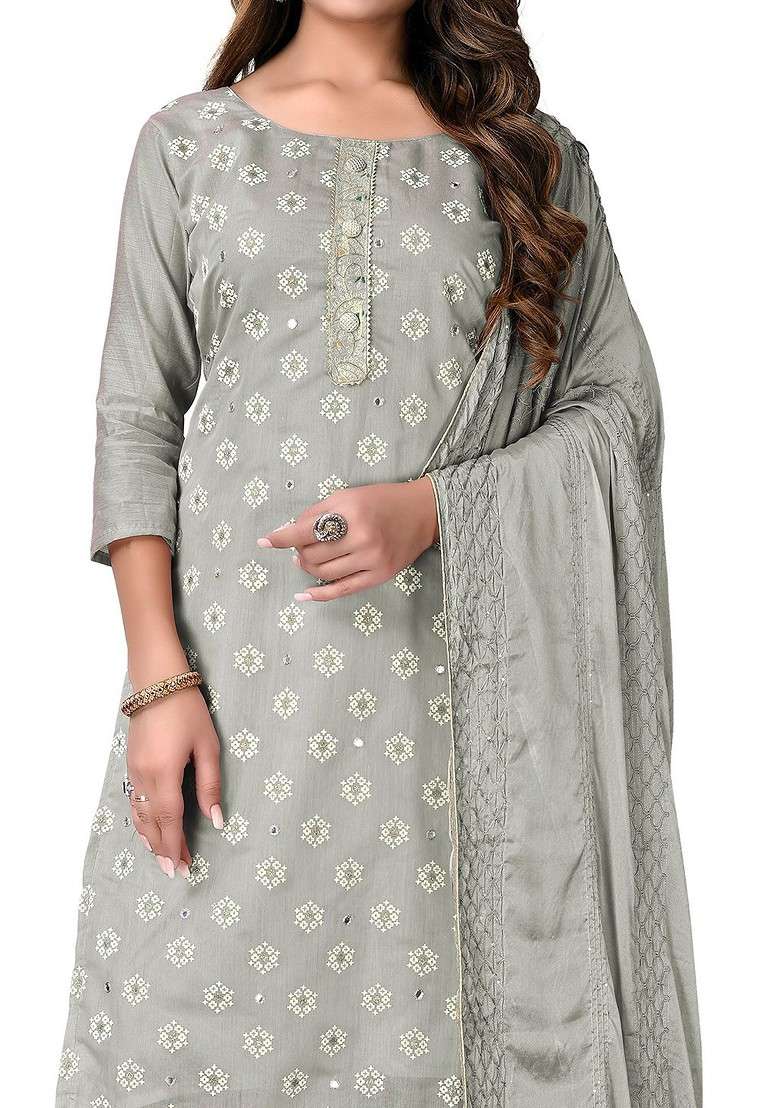 Grey Chikankari Poly Pakistani Suit Set - Indya