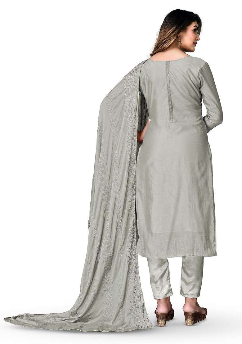 Grey Chikankari Poly Pakistani Suit Set - Indya
